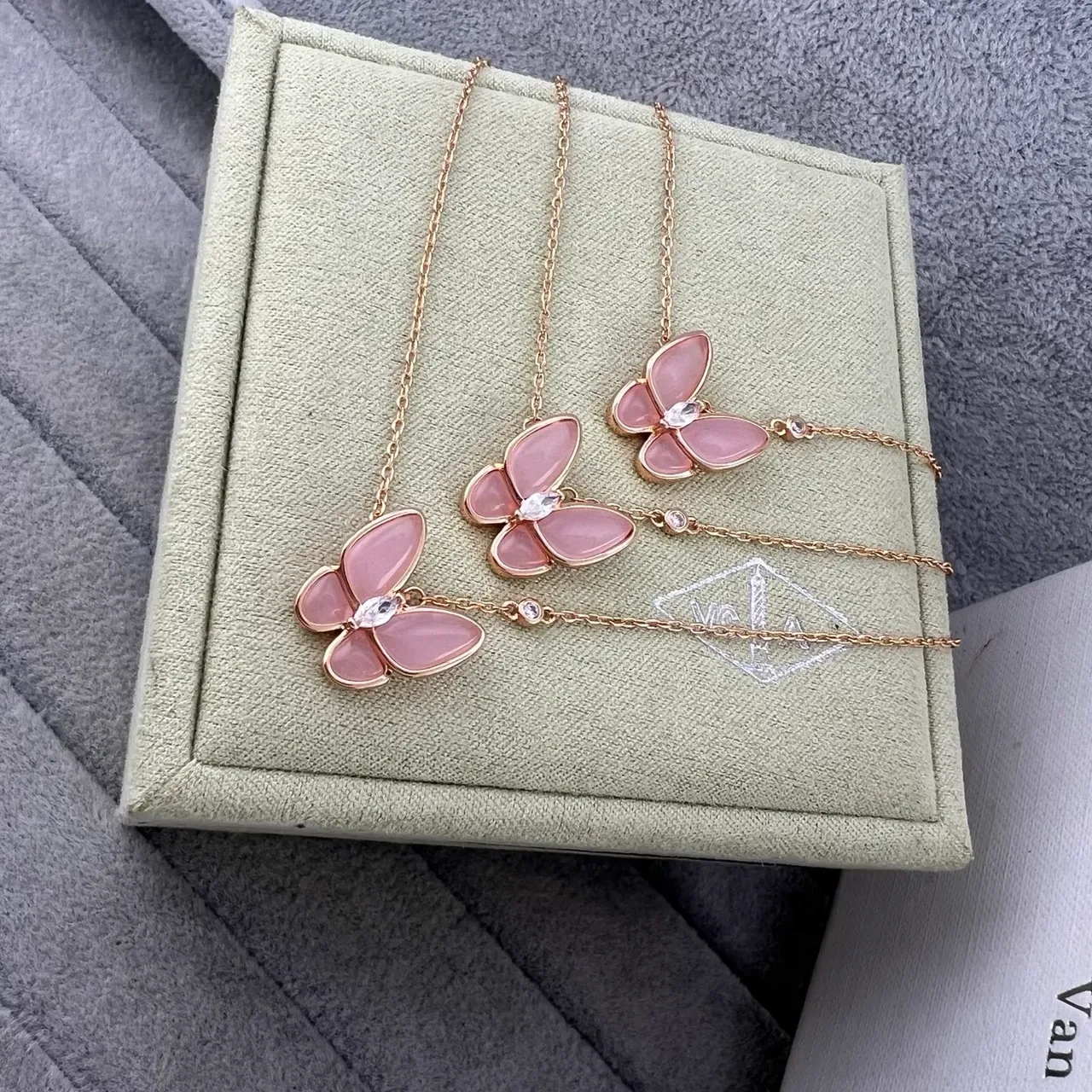 Van Cleef & Arpels Papillon Pink Stone Butterfly Pendant Necklaces 5