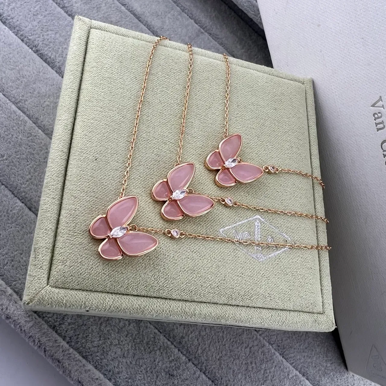 Van Cleef & Arpels Papillon Pink Stone Butterfly Pendant Necklaces 6