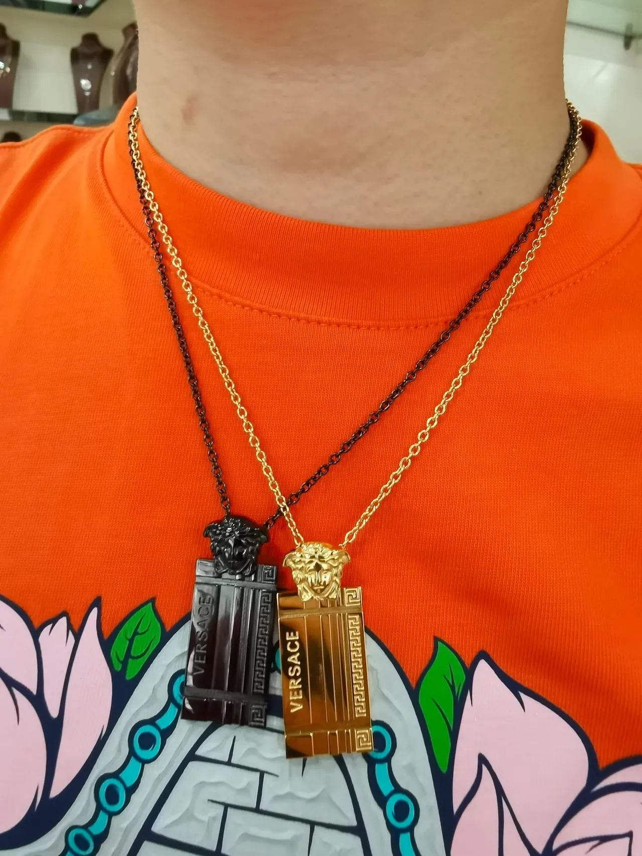 Versace Black Silver Chain-Link Rectangular Pendant Necklace 2