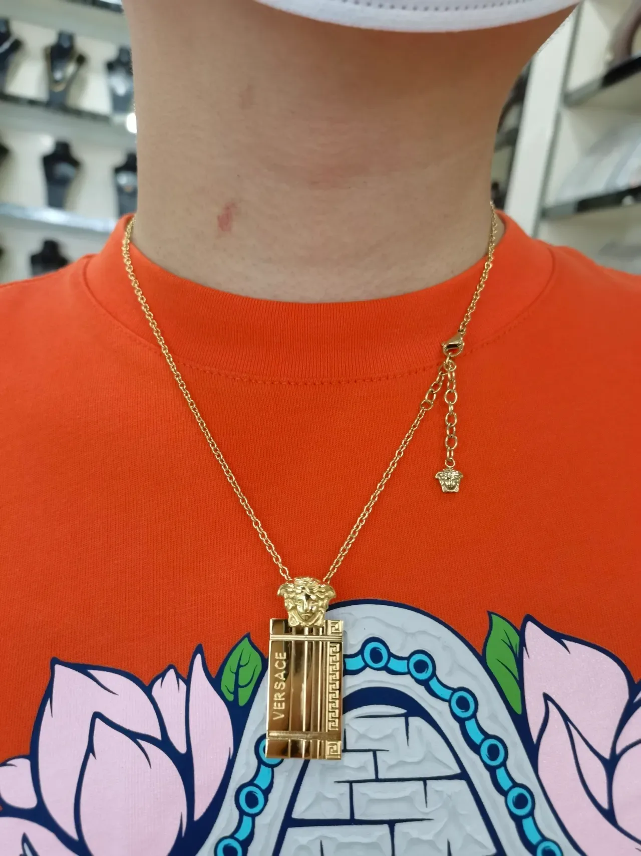 Versace Black Silver Chain-Link Rectangular Pendant Necklace 4