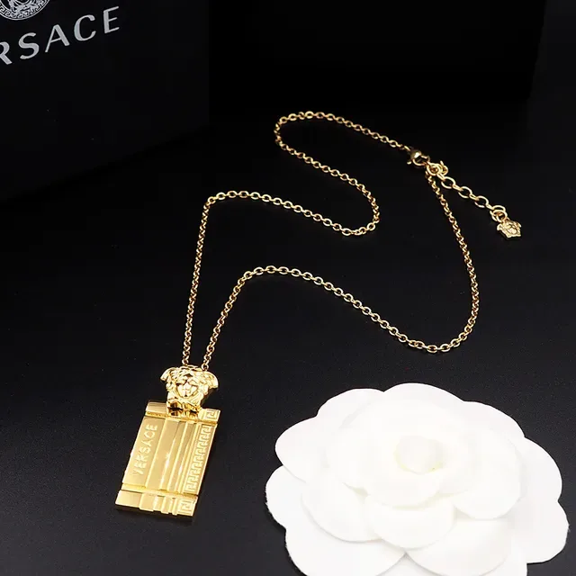 Versace Black Silver Chain-Link Rectangular Pendant Necklace 5