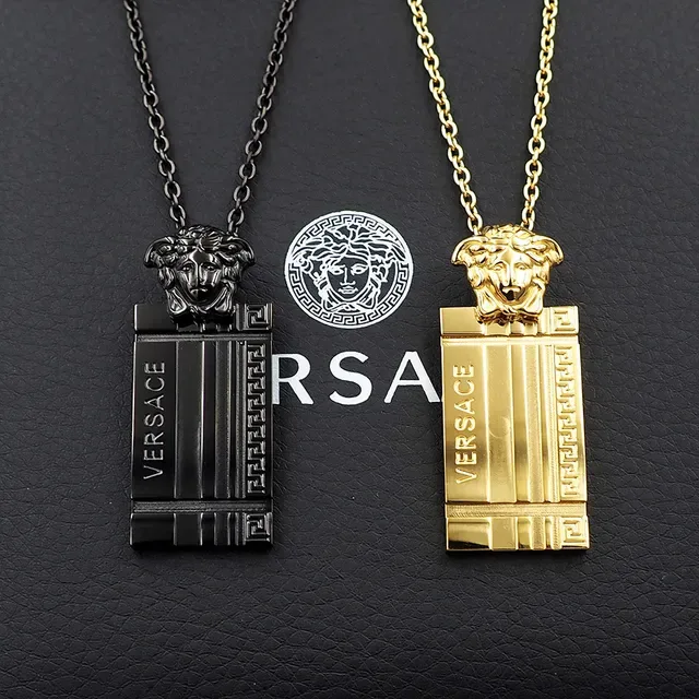 Versace Black Silver Chain-Link Rectangular Pendant Necklace 6