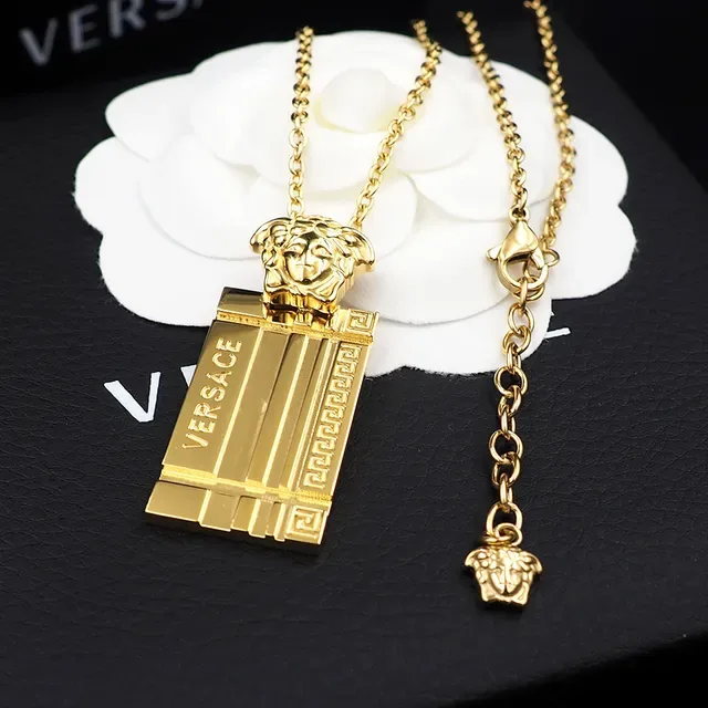 Versace Black Silver Chain-Link Rectangular Pendant Necklace 7