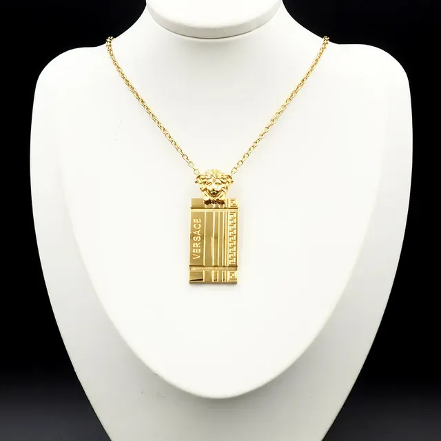 Versace Black Silver Chain-Link Rectangular Pendant Necklace 8