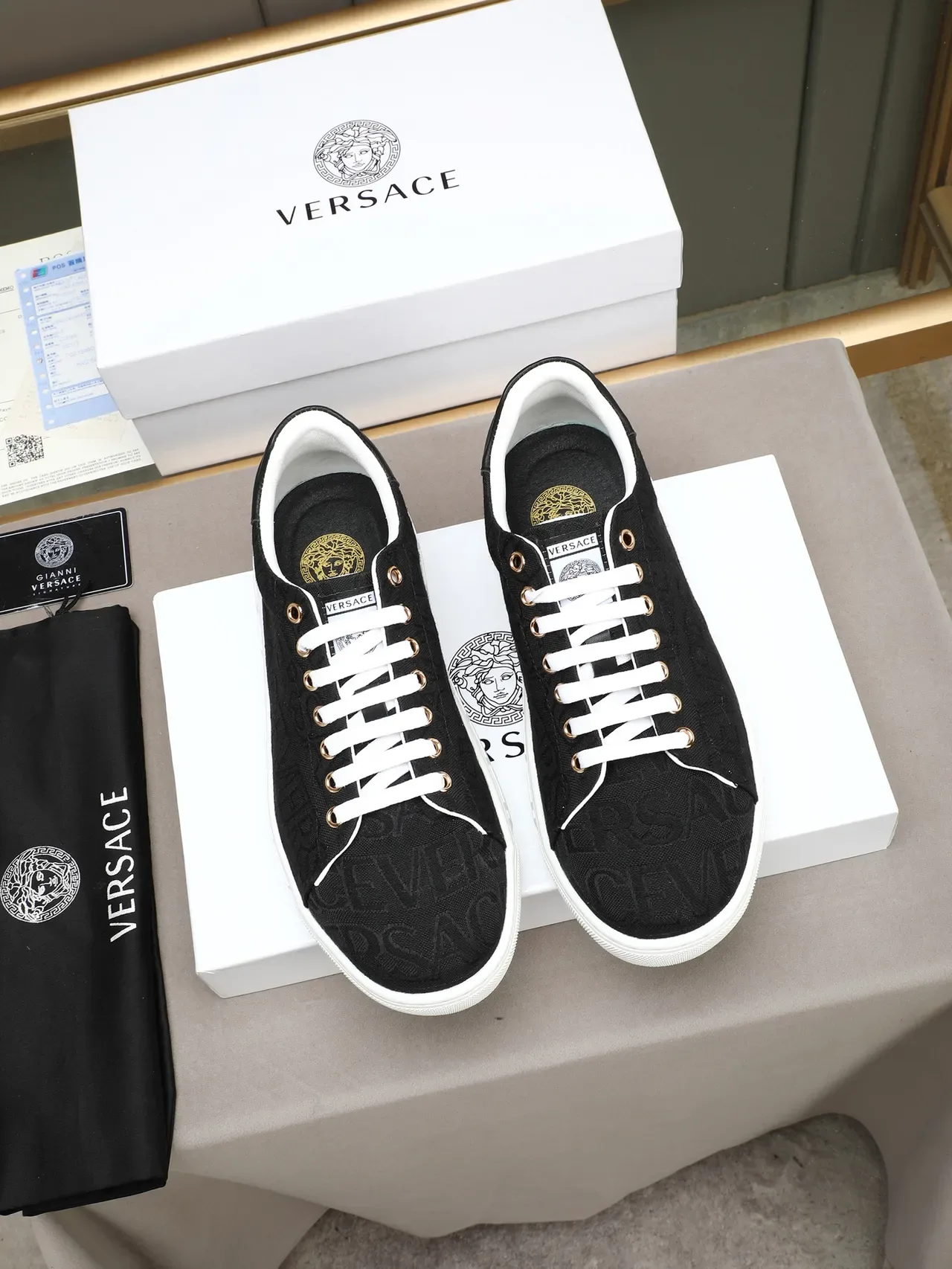 Versace Black White Jacquard Logo Textile Upper Greek Key Midsole Lifestyle Sneakers 3