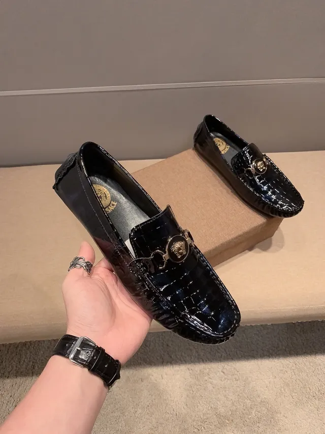 Versace Chain Reaction Glossy Croc-Embossed Black Loafers 3