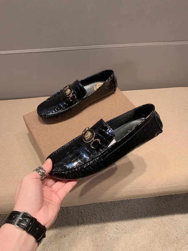 Versace Chain Reaction Glossy Croc-Embossed Black Loafers 7