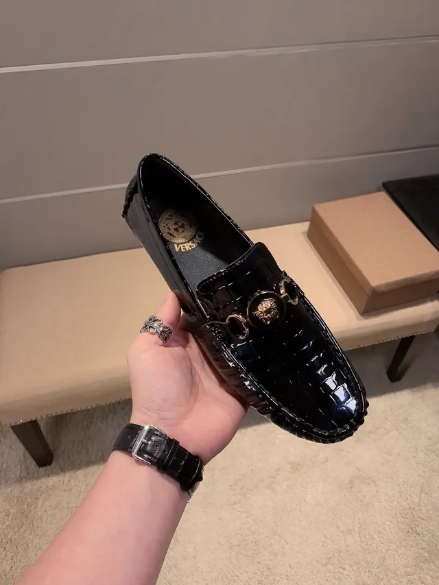 Versace Chain Reaction Glossy Croc-Embossed Black Loafers 9