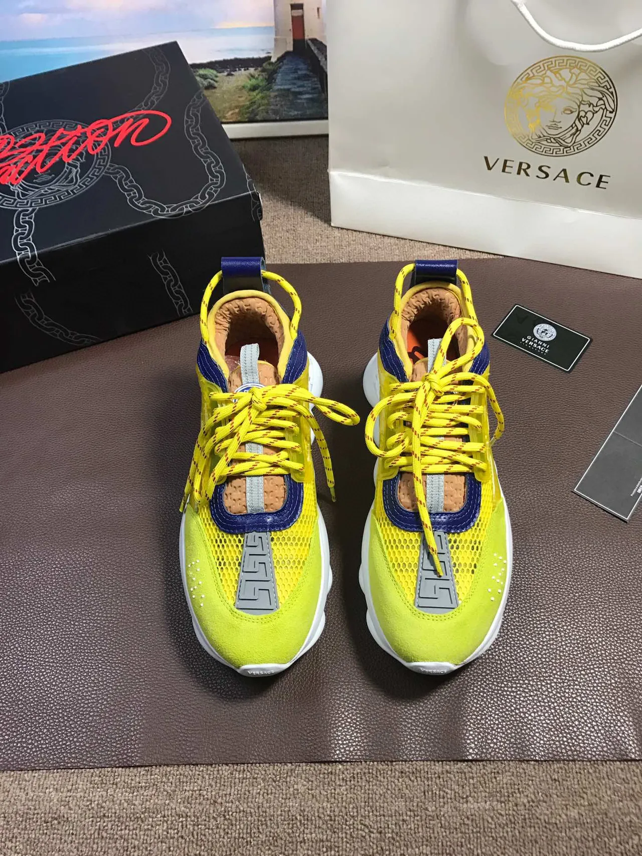 Versace Chain Reaction Lime Yellow Blue Chunky Sneakers 8