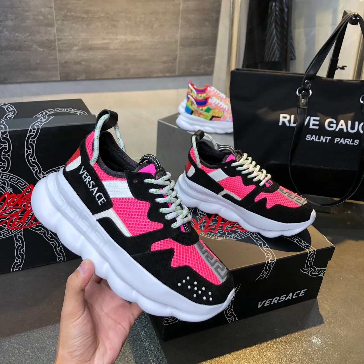 Versace Chain Reaction Pink and Black Chunky Sneakers 3