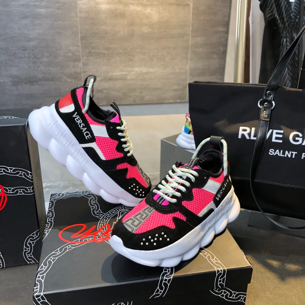 Versace Chain Reaction Pink and Black Chunky Sneakers 5