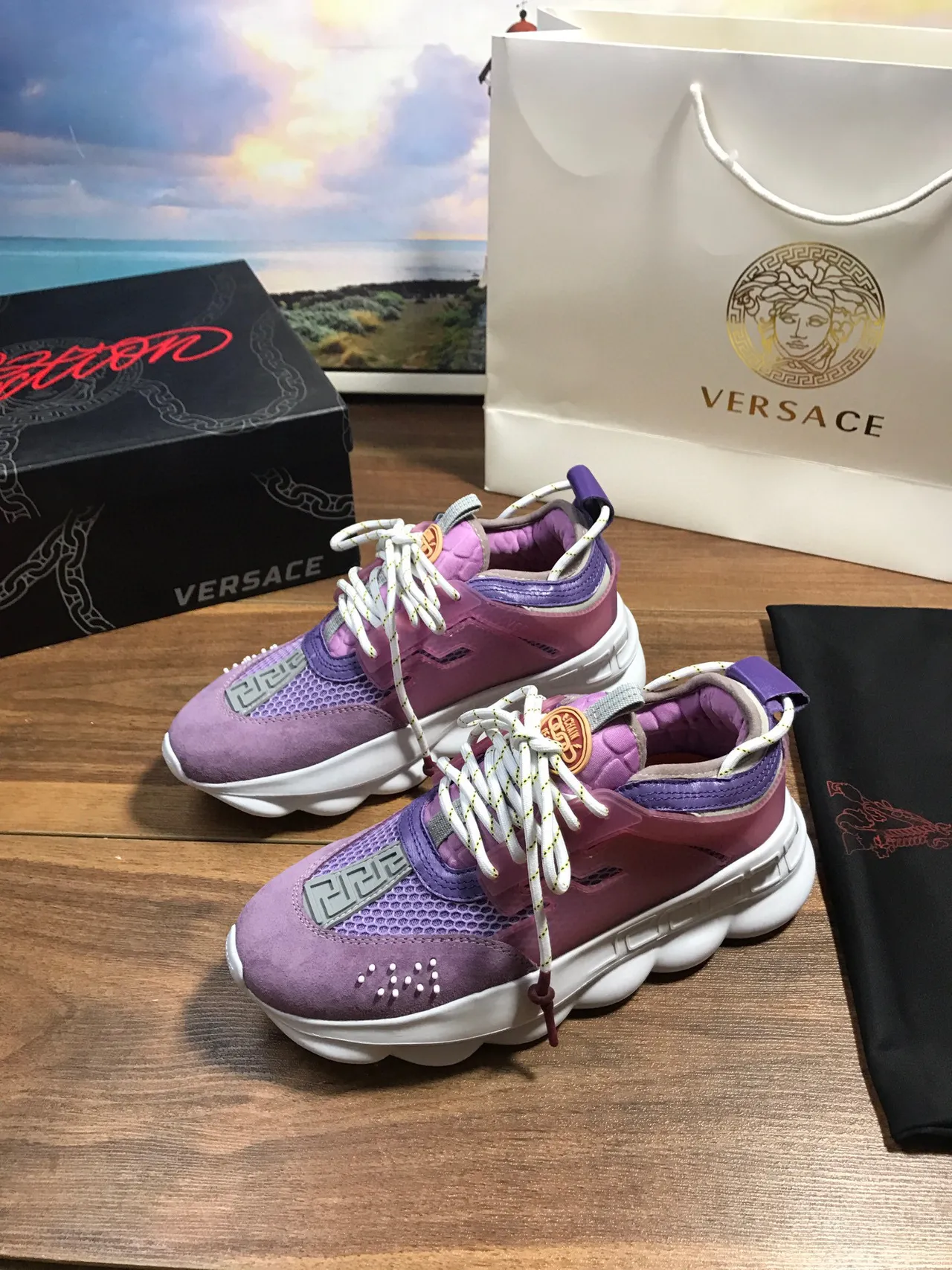 Versace Chain Reaction Zapatillas chunky moradas y blancas 8