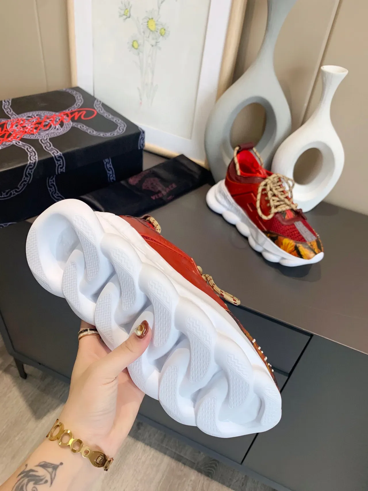 Versace Chain Reaction Red Flame-Print Chunky Sneakers 2
