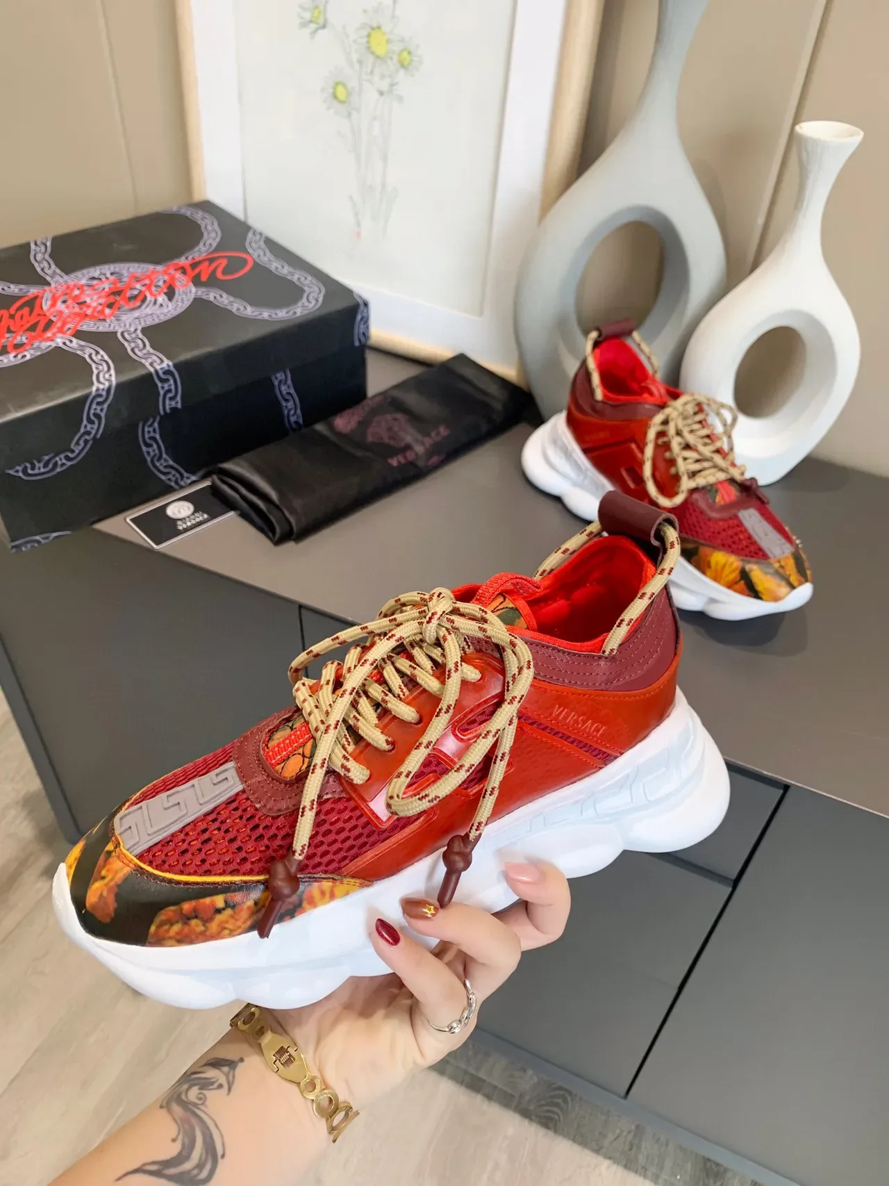 Versace Chain Reaction Red Flame-Print Chunky Sneakers 4