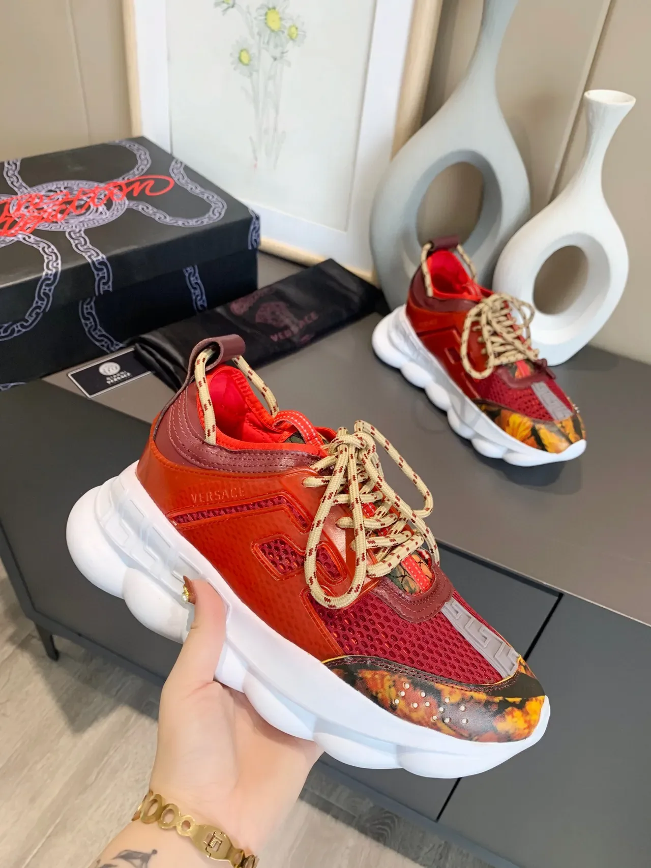 Versace Chain Reaction Red Flame-Print Chunky Sneakers 5