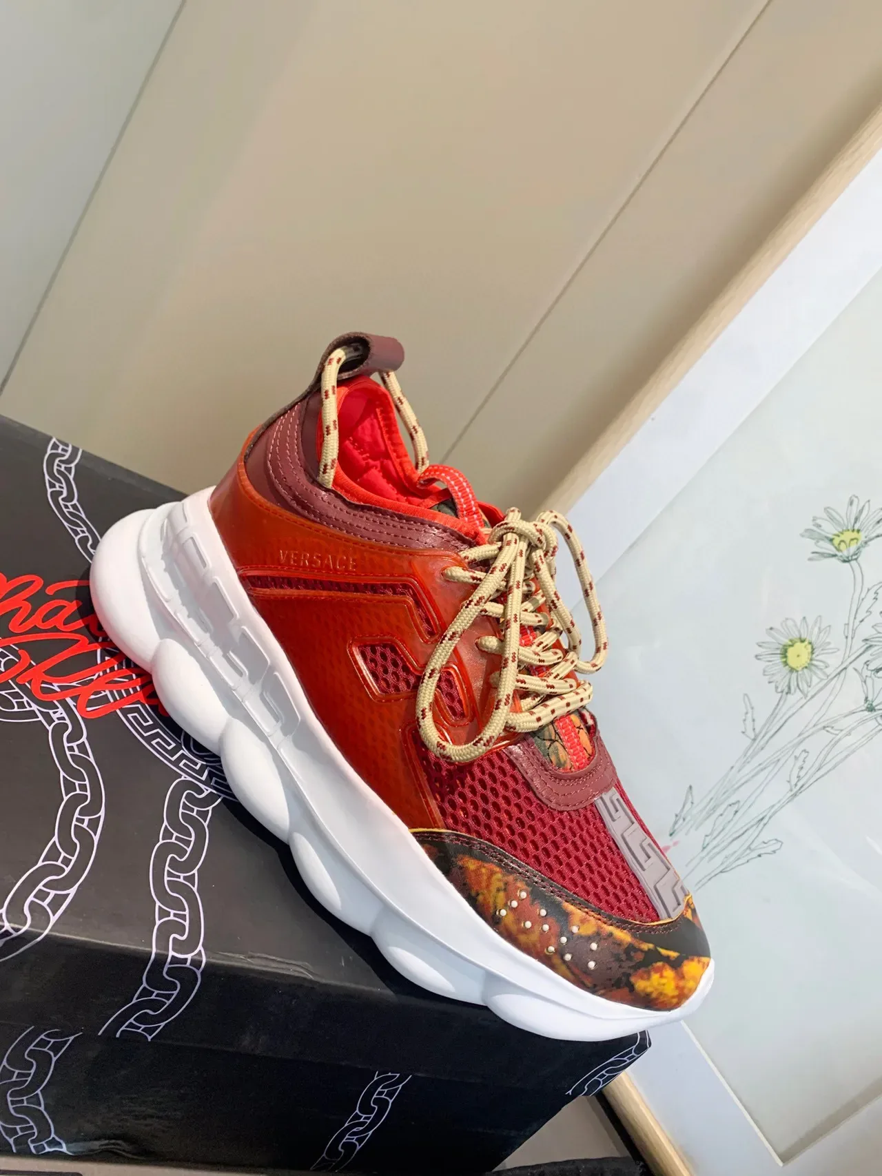 Versace Chain Reaction Red Flame-Print Chunky Sneakers 6