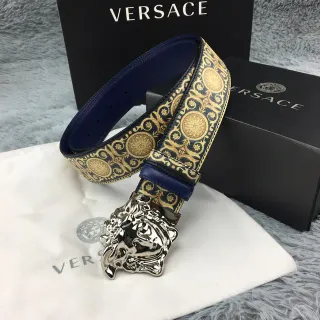 Versace Eros Baroque-Print नेवी और गोल्ड चर्म बेल्ट