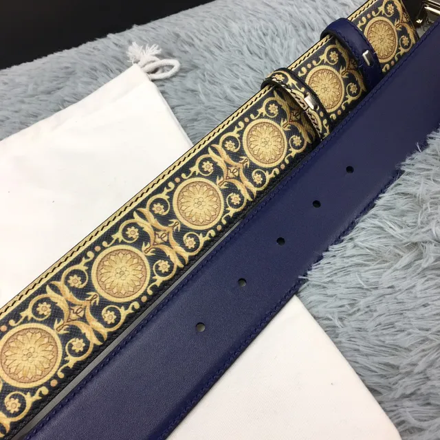 Versace Eros Baroque-Print Navy and Gold Leather Belt 2