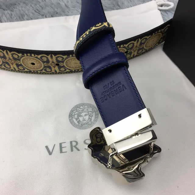 Versace Eros Baroque-Print Navy and Gold Leather Belt 3