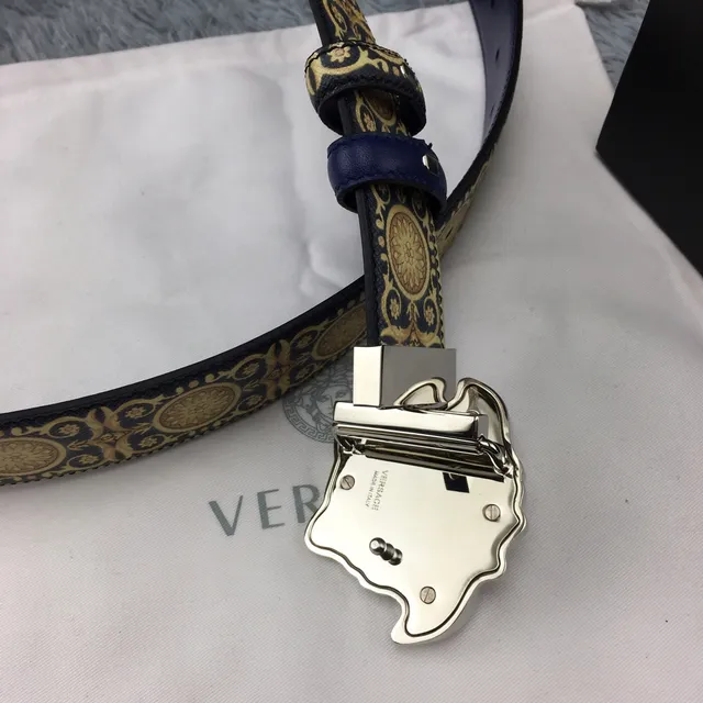 Versace Eros Baroque-Print Navy and Gold Leather Belt 4