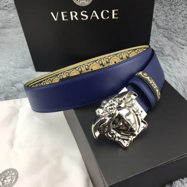 Versace Eros Baroque-Print Navy and Gold Leather Belt 5