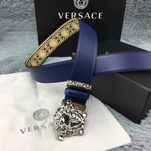 Versace Eros Baroque-Print Navy and Gold Leather Belt 6