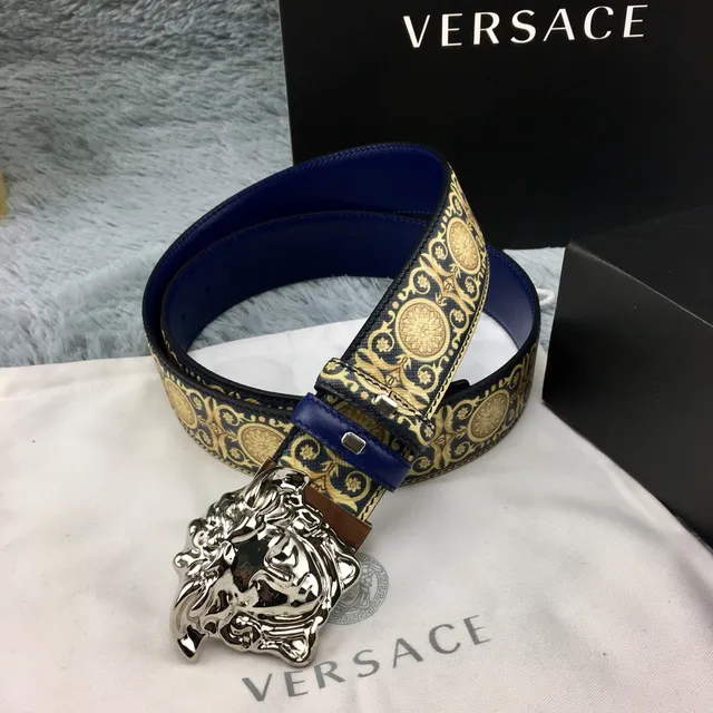 Versace Eros Baroque-Print Navy and Gold Leather Belt 8