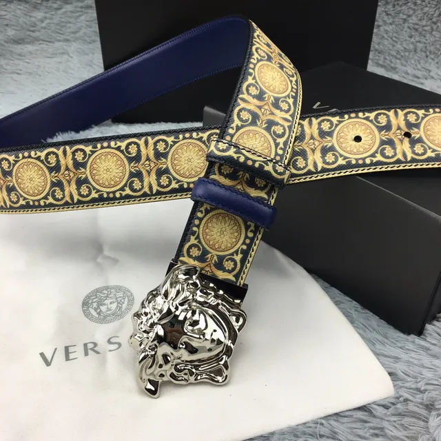 Versace Eros Baroque-Print Navy and Gold Leather Belt 9