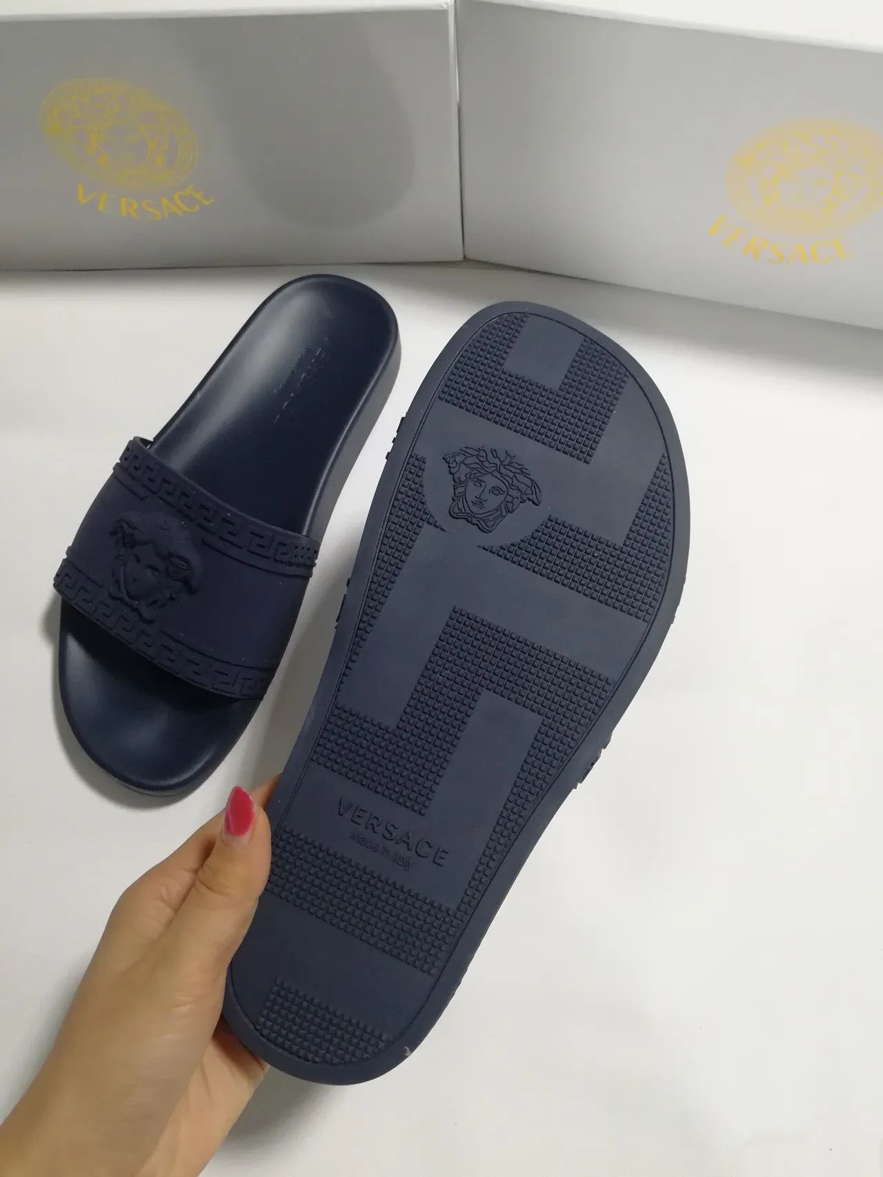 Versace Greca Odissea Navy Blue Molded Rubber Slippers 3