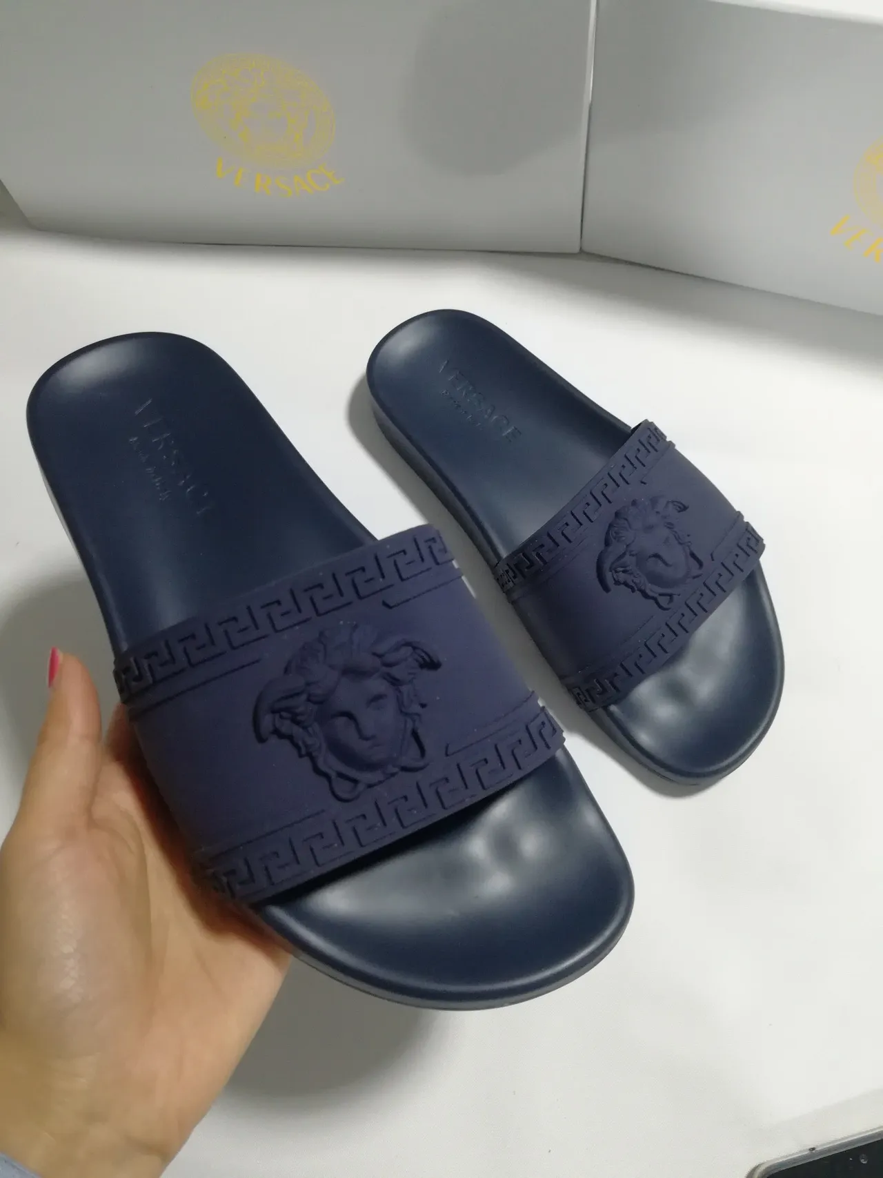 Versace Greca Odissea Navy Blue Molded Rubber Slippers 4