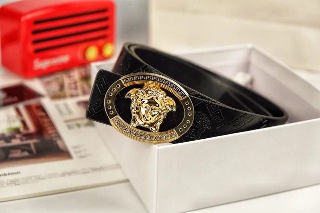 Versace Medusa Belt Ceinture Noir Or Tête Pièce Centrale Bord Clé Grecque Cuir 2