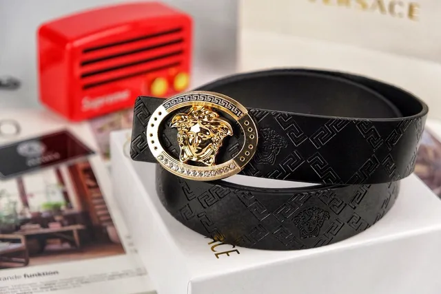 Versace Medusa Belt Ceinture Noir Or Tête Pièce Centrale Bord Clé Grecque Cuir 3
