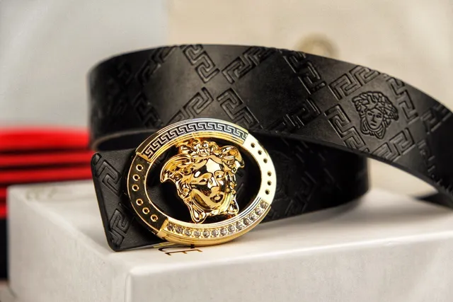 Versace Medusa Belt Ceinture Noir Or Tête Pièce Centrale Bord Clé Grecque Cuir 4