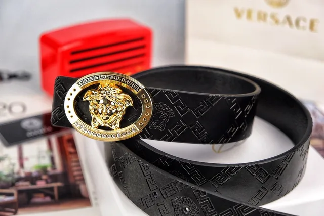 Versace Medusa Belt Ceinture Noir Or Tête Pièce Centrale Bord Clé Grecque Cuir 5
