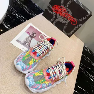 Versace बहुरंगी सफेद Baroque-Print ऊपरी हिस्सा Greca Key Strap Chunky Sneakers