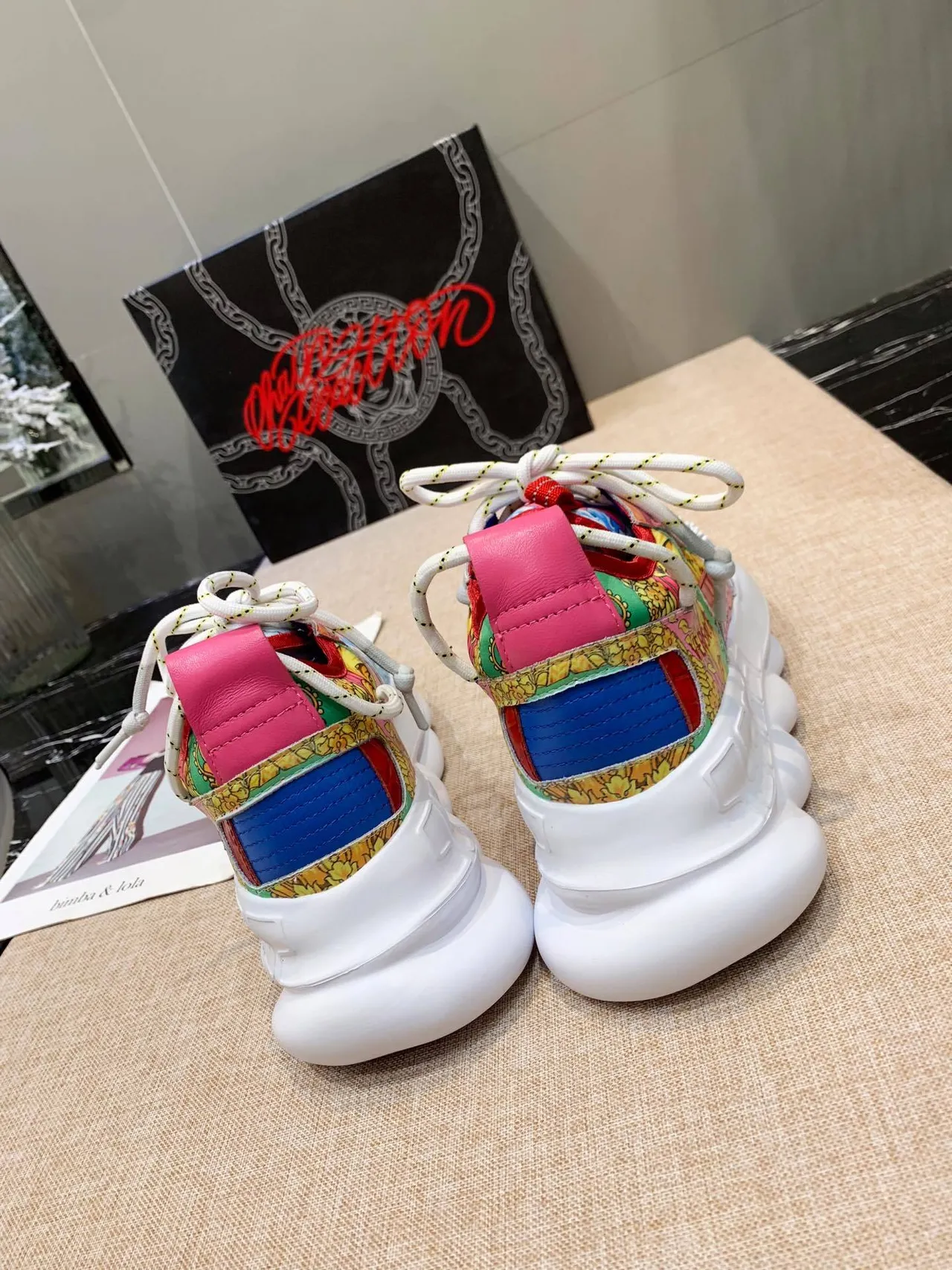 Versace Multicolor White Baroque-Print Upper Greca Key Strap Chunky Sneakers 2