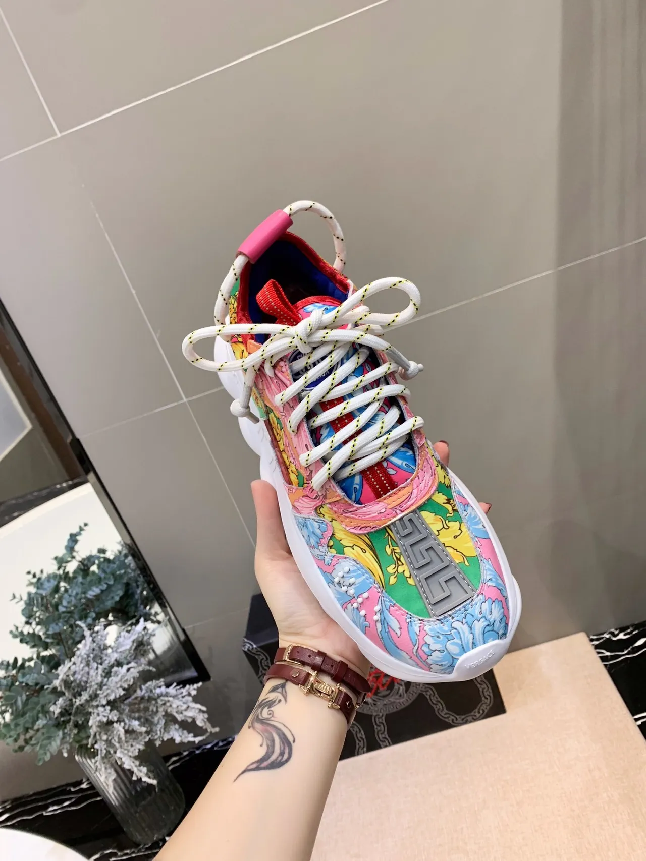 Versace Multicolor White Baroque-Print Upper Greca Key Strap Chunky Sneakers 4