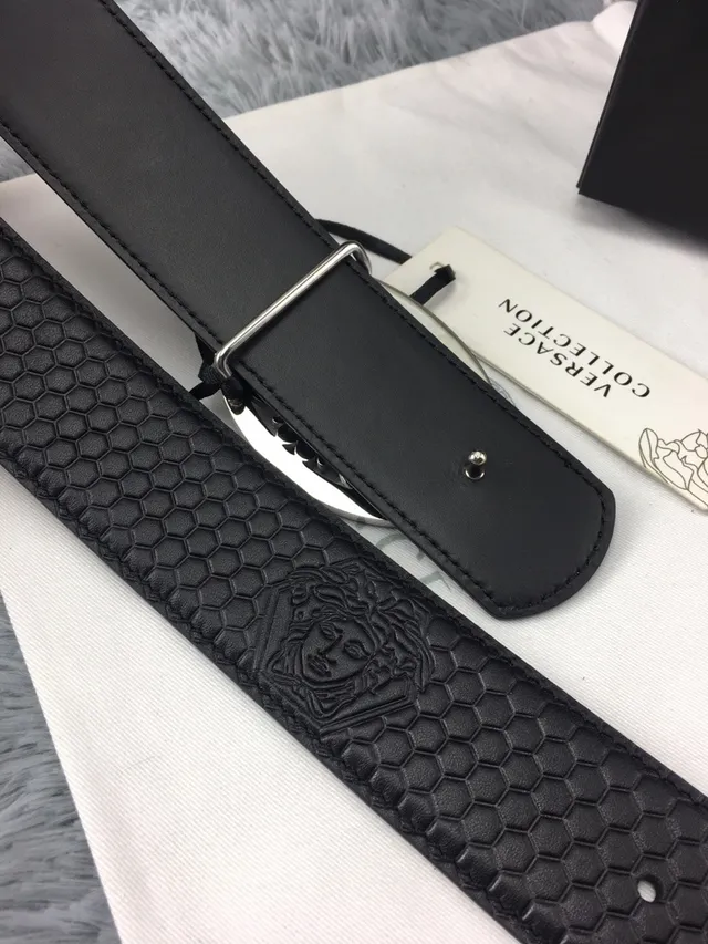 Versace Odissea Preto Prateado Ornada Medusa Fivela Embossado em Mel Colmeia Cinto de Couro 2