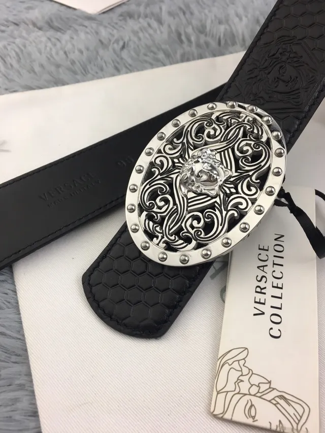 Versace Odissea Preto Prateado Ornada Medusa Fivela Embossado em Mel Colmeia Cinto de Couro 3