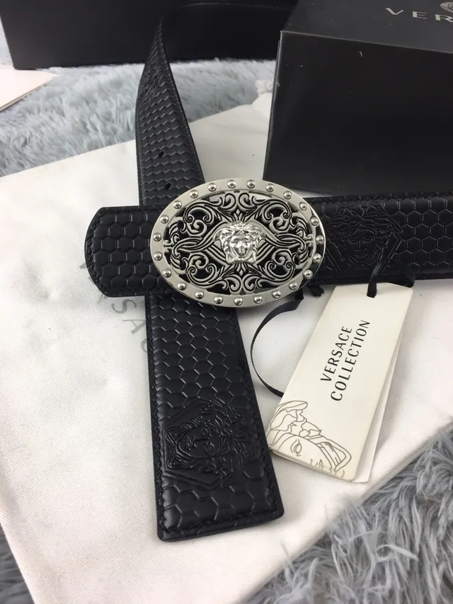 Versace Odissea Preto Prateado Ornada Medusa Fivela Embossado em Mel Colmeia Cinto de Couro 4