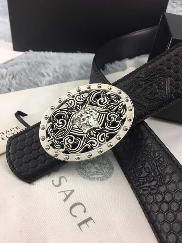 Versace Odissea Preto Prateado Ornada Medusa Fivela Embossado em Mel Colmeia Cinto de Couro 5
