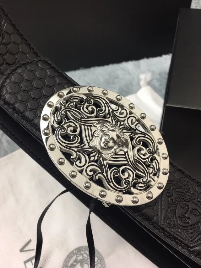 Versace Odissea Preto Prateado Ornada Medusa Fivela Embossado em Mel Colmeia Cinto de Couro 6