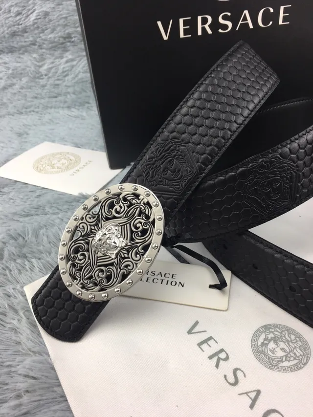 Versace Odissea Preto Prateado Ornada Medusa Fivela Embossado em Mel Colmeia Cinto de Couro 7