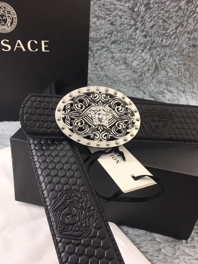 Versace Odissea Preto Prateado Ornada Medusa Fivela Embossado em Mel Colmeia Cinto de Couro 8