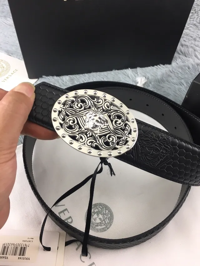 Versace Odissea Preto Prateado Ornada Medusa Fivela Embossado em Mel Colmeia Cinto de Couro 9