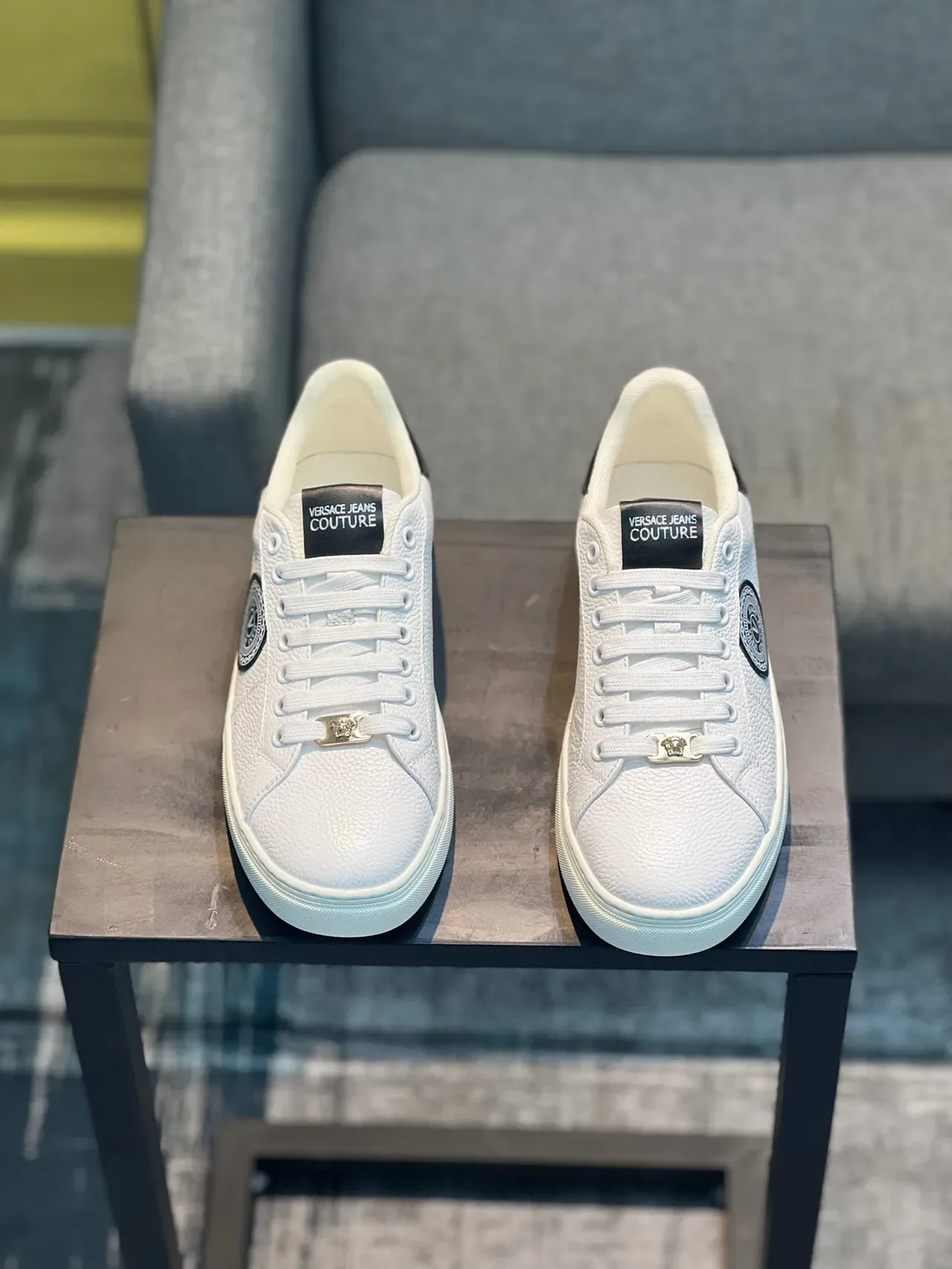 Versace White Black Textured Pebbled Leather Upper Circular Branded Medallion Lifestyle Sneakers 6