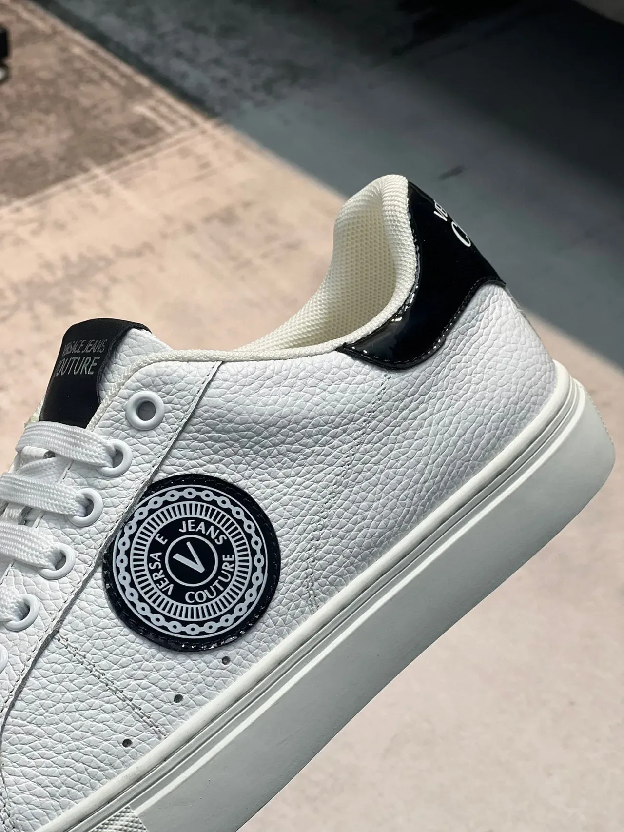 Versace White Black Textured Pebbled Leather Upper Circular Branded Medallion Lifestyle Sneakers 8