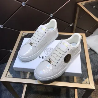 Versace White Gold Croc-Embossed Leather Medusa Logo Patch Lifestyle Sneakers
