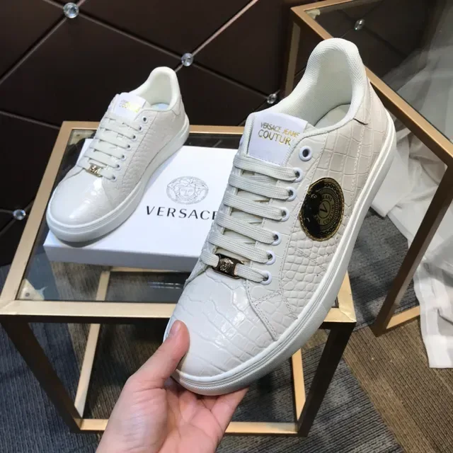 Versace Branco Dourado Croc-Embossed Leather Medusa Logo Patch Lifestyle Sneakers 3