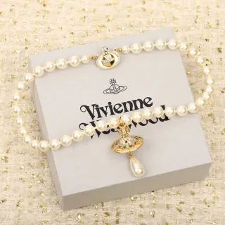 Vivienne Westwood Orb Beige Gold Pearl Strand Pendant Necklace
